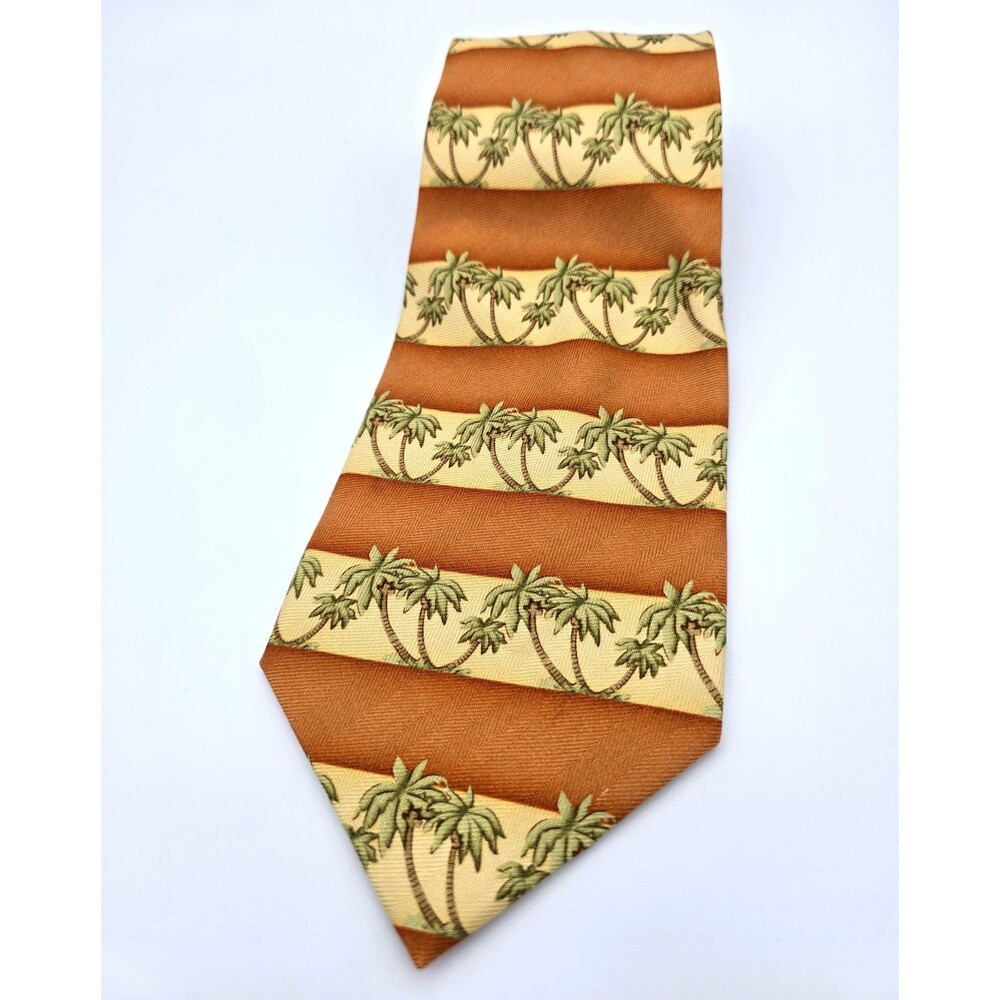 Tommy Bahama Silk Necktie Mens Tropical Palm Tree Stripe Orange Cream Hawaiian